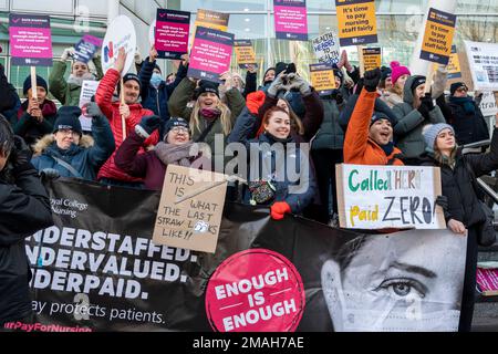 Nurses outside UCH Hospital, London striking for more pay and staff with placards "Called Hero, paid Zero", "This is what the last straw looks like". Stock Photo