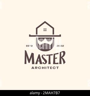 architecture master bearded home hat specialist structure vintage logo design vector icon illustration template Stock Vector