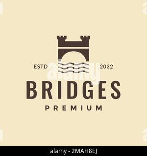 castle monument kingdom bridge water rives hipster vintage logo design vector icon illustration template Stock Vector