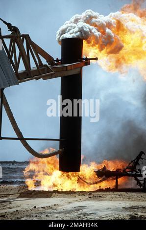 Firefighters from the Boots and Coots Oil Well Firefighting Company use a crane to cap a blazing well in the aftermath of Operation Desert Storm. The well, situated in the Ahman Oil Fields, is one of many set afire by Iraqi forces prior to their retreat from Kuwait.. Subject Operation/Series: DESERT STORM Base: Ahman Oil Fields Country: Kuwait(KWT) Stock Photo