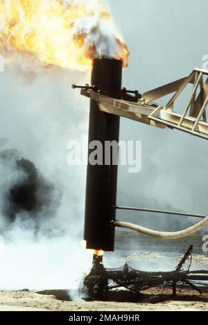 Firefighters from the Boots and Coots Oil Well Firefighting Company use a crane to cap a blazing well in the aftermath of Operation Desert Storm. The well, situated in the Ahman Oil Fields, is one of many set afire by Iraqi forces prior to their retreat from Kuwait.. Subject Operation/Series: DESERT STORM Base: Ahman Oil Fields Country: Kuwait(KWT) Stock Photo