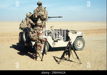 Soldiers of the 4th Brigade, Royal Saudi Land Force fire an M-2 .50-caliber machine gun mounted on the back of a M-151 light vehicle during an Operation Desert Shield capabilities demonstration. Stacked in the foreground are 7.62mm SAR-3 rifles.. Subject Operation/Series: DESERT SHIELD Country: Saudi Arabia(SAU) Stock Photo