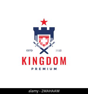 kingdom castle star cross swords classic legend colored retro logo design vector icon illustration template Stock Vector