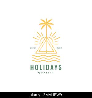 beach camp tent coconut trees sunset water lines hipster colored logo design vector icon illustration template Stock Vector