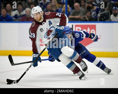 Colorado Avalanche defenseman Cale Makar takes part in a drill in the  opening session of the team's NHL hockey training camp Friday, Sept. 13,  2019, in Englewood, Colo.(AP Photo/David Zalubowski Stock Photo 