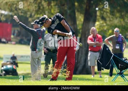 Hideki Matsuyama, of Japan, hits from off the third fairway of the Silverado Resort North Course during the first round of the Fortinet Championship PGA golf tournament in Napa, Calif., Thursday, Sept. 15, 2022. (AP Photo/Eric Risberg)