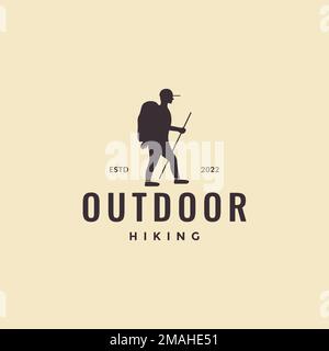 young man outdoor hiking mountain bag nature hipster logo design vector icon illustration template Stock Vector