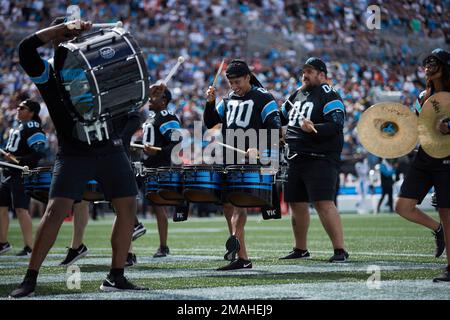 The Carolina Panthers Purrcussion Drum Line performs for fans outside of  Bank of America Stadium prior to Fan Fest in Charlotte, N.C., on Friday,  Aug. 7, 2015. (Photo by Jeff Siner/Charlotte Observer/TNS) ***