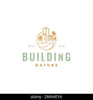 building company with trees coconut coast hipster colored logo design vector icon illustration template Stock Vector