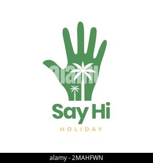 hand say hello to holidays coconut trees logo design vector icon illustration template Stock Vector