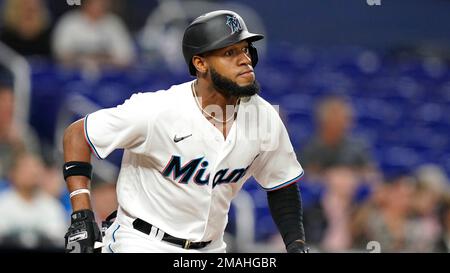 August 6 2021: Florida right fielder Bryan De La Cruz (77) during batting  practice before the game with Colorado Rockies and Miami Marlins held at  Coors Field in Denver Co. David Seelig/Cal