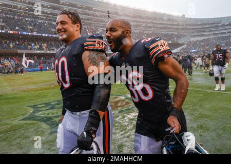 Chicago Bears guard Dieter Eiselen (60) Chicago Bears wide receiver Ihmir  Smith-Marsette (17) before their game against the Green Bay Packers Sunday,  Sept. 18, 2022, in Green Bay, Wis. (AP Photo/Jeffrey Phelps