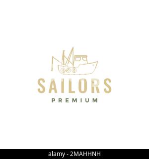 trawler boat sailor sailing night looking fish minimal logo design vector icon illustration template Stock Vector