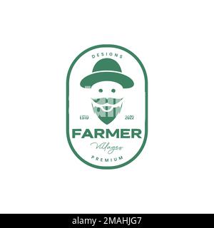 farmer old man bearded and mustache hat smile cartoon cute badge vintage logo design vector icon illustration template Stock Vector