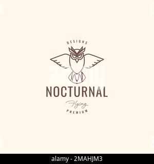 creature nocturnal owl flying flapping wings lines hipster vintage logo design vector icon illustration template Stock Vector
