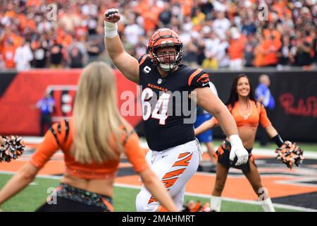 Cincinnati Bengals center Ted Karras (64) celebrates with teammates while  entering the field during an NFL football game against the Kansas City  Chiefs, Sunday, Dec. 4, 2022, in Cincinnati. (AP Photo/Jeff Dean