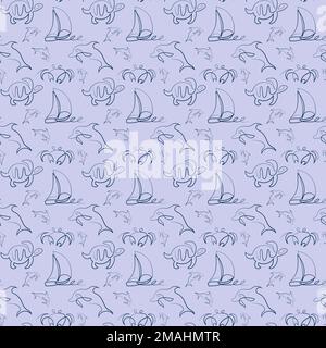 Drawing in single line style seamless pattern with sea animals and sailboat Stock Vector