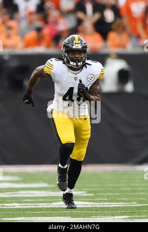 PITTSBURGH, PA - DECEMBER 11: Pittsburgh Steelers linebacker Jamir Jones  (48) smiles during the national football league game between the Baltimore  Ravens and the Pittsburgh Steelers on December 11, 2022 at Acrisure