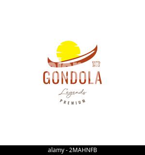 boat gondola and sun sunset afternoon sailing ocean vintage logo design vector icon illustration template Stock Vector