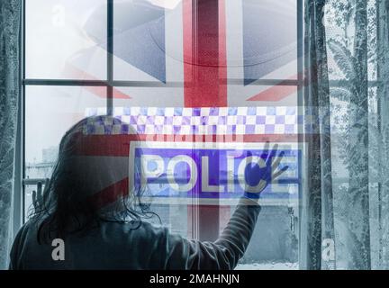 Rear view of woman looking out of window. Rear view of police officer with UK flag overlayed. Met police, domestic abuse, trust in police... Stock Photo