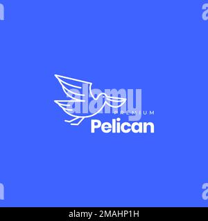 flying bird pelican flapping wings looking fish water lines art style logo design vector icon illustration template Stock Vector