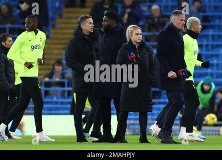 Manchester, UK. 19th January 2023.  Sky Sports presenter David Jones, Micah Richards, Izzy Christiansen, and Jamie Carragher get on the field to make live broadcasts during warm up during the Premier League match at the Etihad Stadium, Manchester. Credit: Sportimage/Alamy Live News Stock Photo