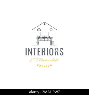 workspace home computer interior minimalist modern logo design vector icon illustration template Stock Vector