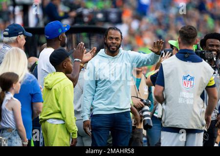 Former NFL player Richard Sherman talks in the  Prime Video broadcast  booth before a preseason NFL football game between the Los Angeles Rams and  the Houston Texans Friday, Aug. 19, 2022