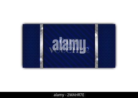 Gift voucher template. Art deco style. Luxury blue certificate cover with shiny silver decor elements. Vector illustration of gift coupon on abstract Stock Vector