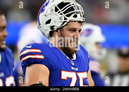 Buffalo Bills center Greg Van Roten (75) looks to make a block during an NFL  football game against the Tennessee Titans, Monday, Sept. 19, 2022, in  Orchard Park, N.Y. (AP Photo/Kirk Irwin