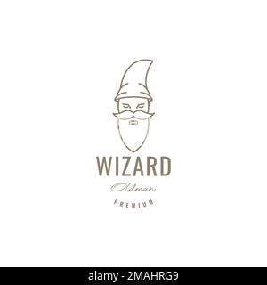 old man wizard long bearded and mustache long hat magician line hipster logo design vector icon illustration template Stock Vector