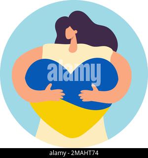 Woman people hugs a heart with the colors of the flag of Ukraine Support, No war in the form of a circle sticker. Stay with blue and yellow hugging Stock Vector