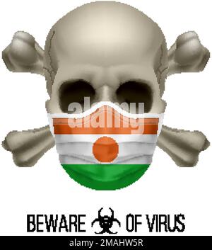 Human Skull with Crossbones and Surgical Mask in the Color of National Flag Niger. Mask in Form of the Nigerien Flag and Skull as Concept of Dire Warn Stock Vector