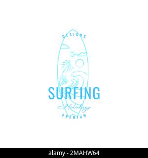 surfing board ocean wave holiday sport hobby line art logo design vector icon illustration template Stock Vector