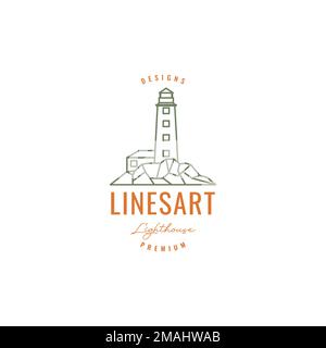 lighthouse ocean sea lighting line art style hipster vintage logo design vector icon illustration template Stock Vector