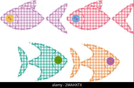 Set of cute handmade fishes with checkered texture patches and buttons Stock Vector