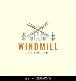 windmill turning wind propeller and trees culture freshness hipster vintage logo design vector icon illustration template Stock Vector