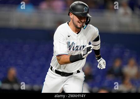 Miami Marlins third baseman Jordan Groshans high-fives after a baseball  game against the Philadelphia Phillies, Thursday, Sept. 15, 2022, in Miami.  The Marlins won 5-3. (AP Photo/Lynne Sladky Stock Photo - Alamy