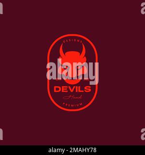 portrait face scare devil horned fanged flat badge vintage logo design vector icon illustration template Stock Vector