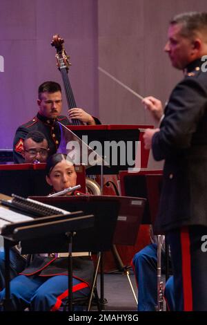 U.S. Marine Corps Lance Cpl. Robert Potterf, a bass instrumentalist with the 2d Marine Division Band, plays the double bass at Cité de la Musique et de la Danse de Soissons, France, May 27, 2022. This is an annual formal concert that serves to commemorate American participation in World War I. Stock Photo