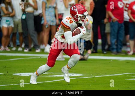 Kansas City Chiefs' Skyy Moore (24) warms up before their NFL football game  against the Arizona Cardinals Sunday, Sept. 11, 2022, in Glendale, Ariz.  Kansas City won 44-21 over the Arizona Cardinals.(AP