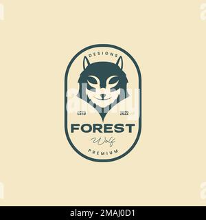 wolf head forest wildlife with badge insignia sticker vintage retro logo design vector icon illustration template Stock Vector