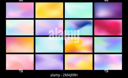 Abstract gradient banner set. Blurred light fresh color background. Pastel pink, blue, violet, yellow smooth spots. Neutral Liquid stain for copy spac Stock Vector