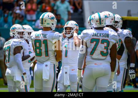 Miami Dolphins wide receiver Jaylen Waddle (17) warms up on the field  before an NFL football game against the Buffalo Bills, Sunday, Sept. 19,  2021, in Miami Gardens, Fla. (AP Photo/Doug Murray