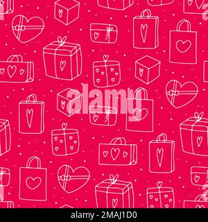 Cute doodle Gifts seamless pattern. Hand-drawn presents bag on pink background. Outline surprise packages with hearts. Holiday, Valentines Day, Birthd Stock Vector