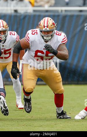 San Francisco 49ers guard Aaron Banks (65) reacts during an NFL divisional  round playoff football game against the Dallas Cowboys, Sunday, Jan. 22,  2023, in Santa Clara, Calif. (AP Photo/Scot Tucker Stock