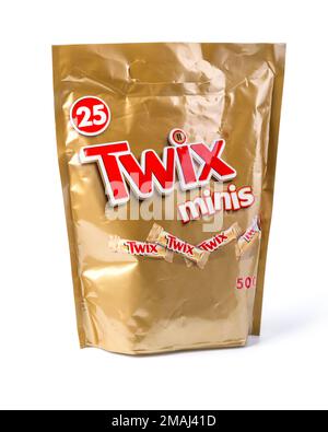 Chisinau, Moldova September 27, 2016:Twix cookie bars isolated on white background. Twix bars are produced by Mars Incorporated and sold worldwide. Stock Photo