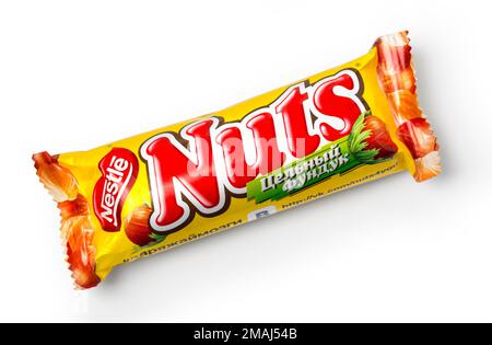 CHISINAU, MOLDOVA - NOVEMBER 14, 2015: Closeup of Nuts candy chocolate bar made by Nestle isolated on white with clipping path Stock Photo