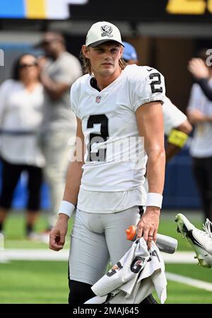 Las Vegas Raiders place kicker Daniel Carlson (2) after kicking field goal  during an NFL football game against the Seattle Seahawks, Sunday, Nov. 27,  2022, in Seattle, WA. The Raiders defeated the