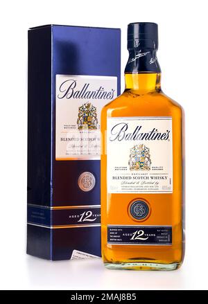 CHISINAU, MOLDOVA -  January, 27, 2016: Photo of a botle of Ballantines 12 years old scotch whiskey.Ballantine's is a range of blended scotch whiskies Stock Photo